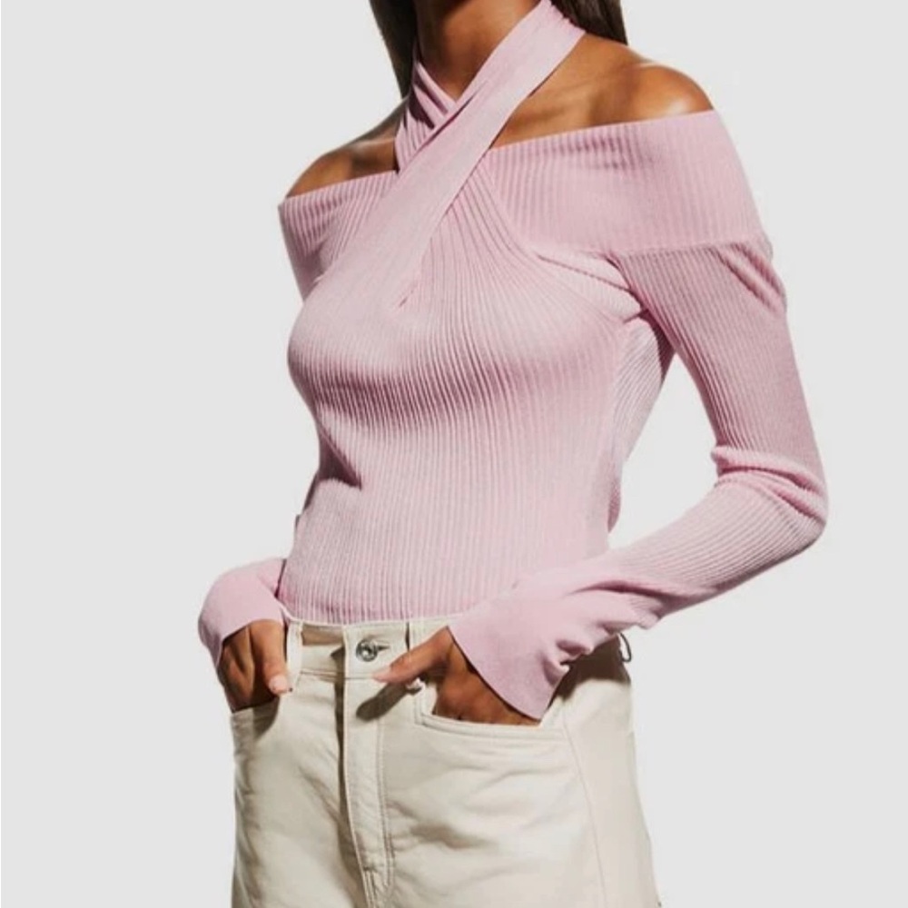 Herve Leger Womens Pink Ribbed Off-Shoulder Crisscross-Halter Bodysuit Size XS